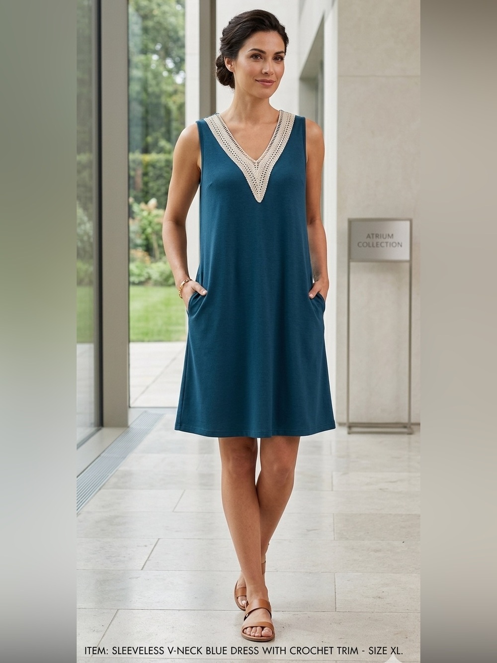 Sleeveless V-Neck Blue Dress with Crochet Trim with Pockets XL